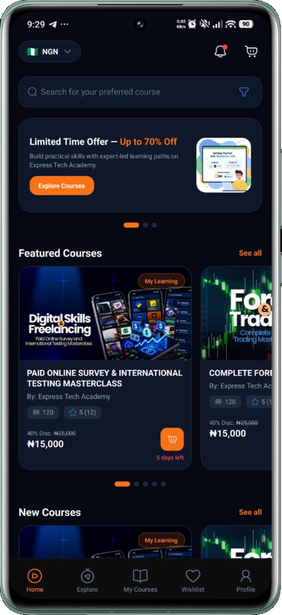Express Tech Academy mobile learning preview (Dark Mode)